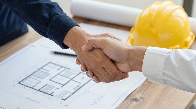 Handshake over architectural blueprint with construction helmet