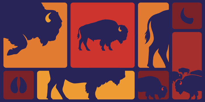 Stylized bison silhouettes in a colorful tiled pattern, wildlife art.