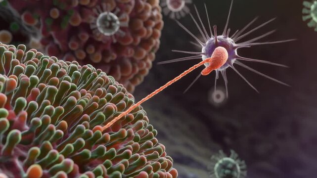 Microscopic view of a sperm cell approaching and attaching to an ovum or cell structure amidst swirling viruses and cellular elements