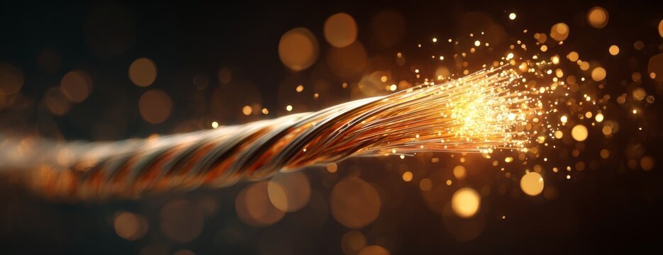 Glowing fiber optic cable with glowing end and sparkles on dark background  