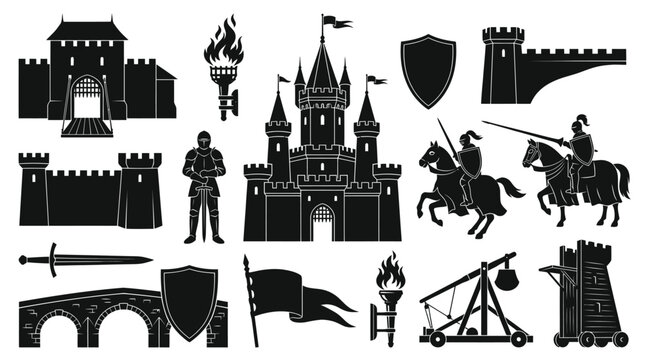 Medieval Warfare Vector Glyph Icons Set. Historical Castle, Knight, Weapon, and Siege Engine Silhouette Collection.
