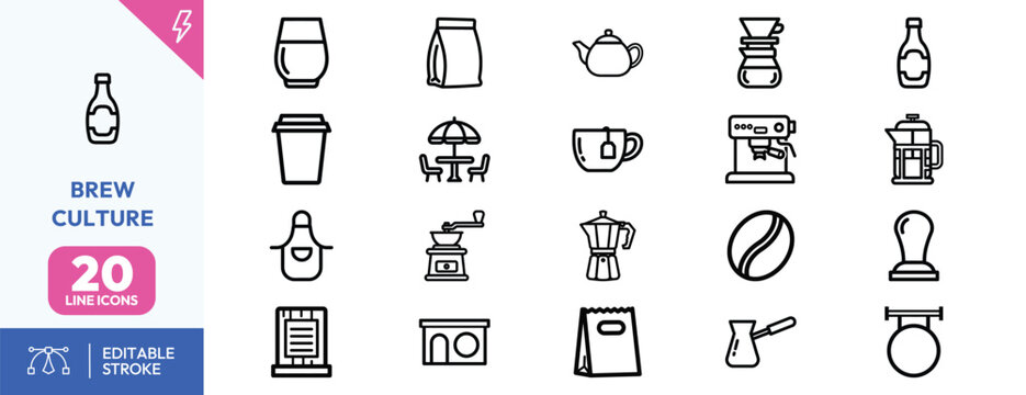 Coffee culture line art icons set for branding UI design and marketing materials in monochrome style