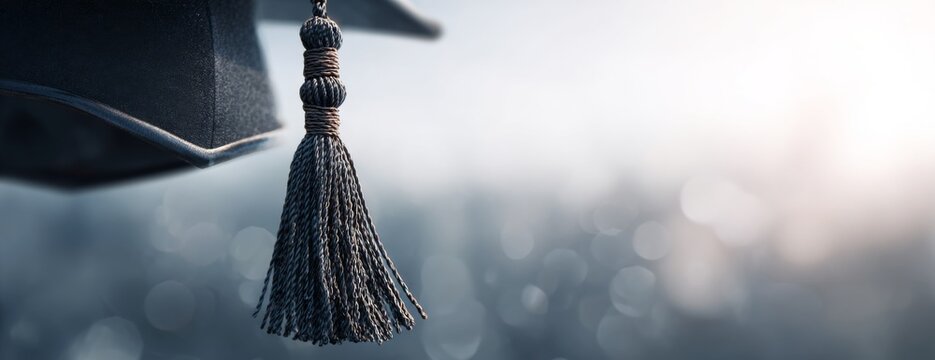 Graduation cap tassel hanging in soft light with blurred background  