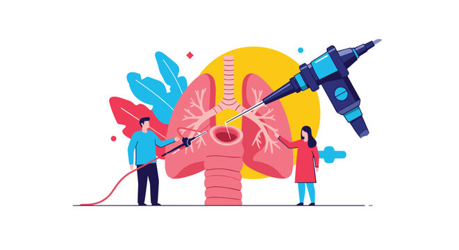 Conceptual illustration with small figures of doctors performing a medical bronchoscopy procedure on a large pair of human lungs.