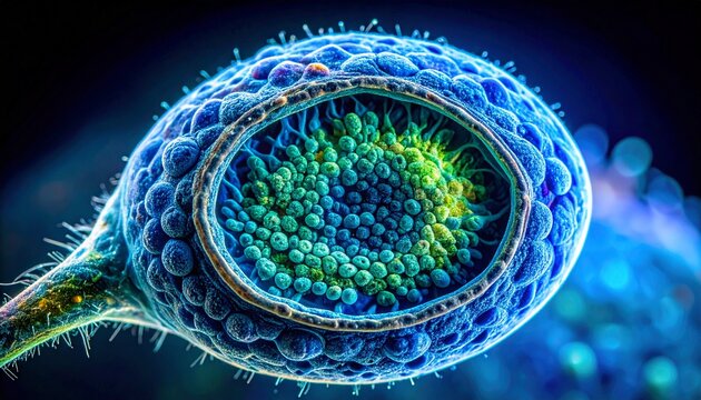 Colorized scanning electron microscope image of pollen grain with detailed surface texture