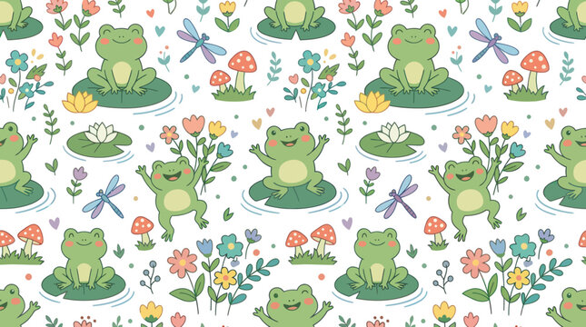Cute Frog Pattern Seamless - Adorable Green Frogs, Flowers, Dragonflies, Mushrooms, Flat Vector Art