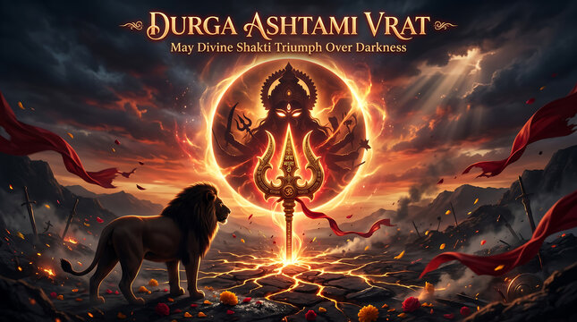 Majestic lion gazes at powerful divine trident symbol with goddess durga silhouette radiating intense light amidst dramatic fiery clouds and red banners during auspicious durga