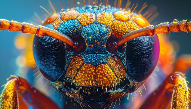 Close-up of ant head showing compound eye with hexagonal facets in colorized micrograph