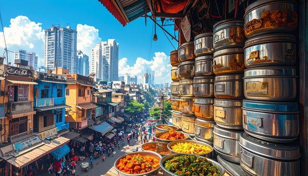 Stacked metal tiffin lunchboxes arranged in street market with urban skyline backdrop