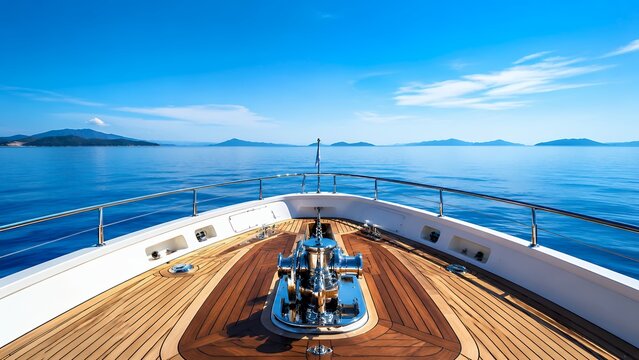 Yacht bow view over calm blue sea with wooden deck