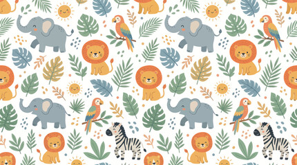 Obraz premium Cute Jungle Animals Seamless Pattern: Elephants, Lions, Zebras, Parrots