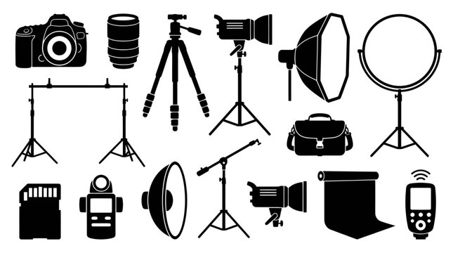Photography Studio Equipment Vector Icons Collection: Camera, Lens, Tripod, Lighting, and Accessories in Black and White Silhouette Style