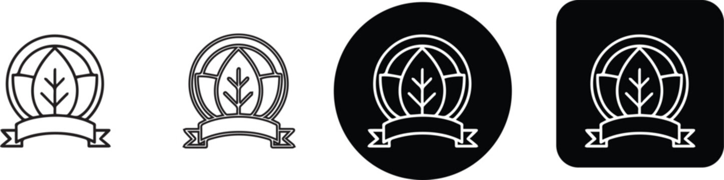 Organic leaf eco badge icon set with blank ribbon banner in linear outline and reverse color button variations