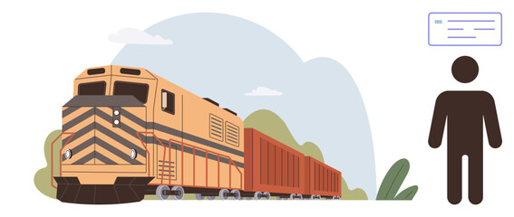 Transportation, logistics, shipping, travel, freight systems, information. A freight train moves across tracks near a figure and a sign. Transportation and logistics system concepts © robu_s