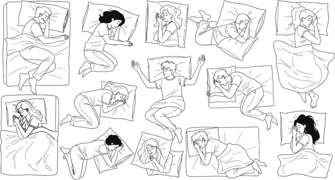 Collection of diverse people sleeping in various positions on beds, line woman