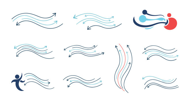Collection of stylized wind and air flow icons use curved arrows in various configurations and colors to represent movement and direction.