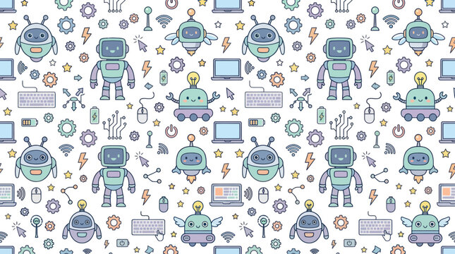 Cute Robot Characters and Technology Icons Seamless Pattern, Flat Style