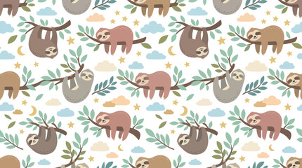 Obraz premium Cute Sloth Pattern on Tree Branches, Adorable Baby Animal Art, Kawaii Style