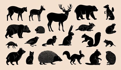 Obraz premium Silhouettes of Various Wild Forest Animals in Black.