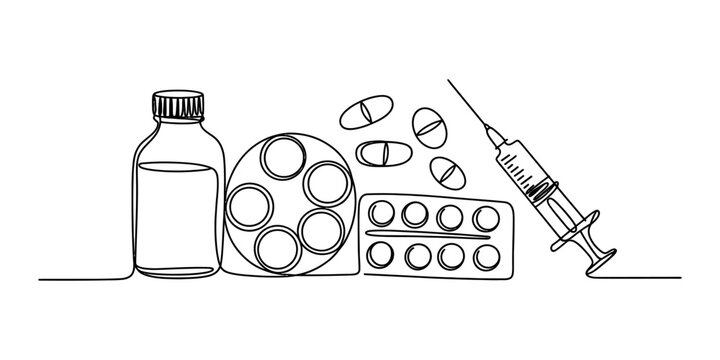 Continuous single line drawing of medical supplies including a glass bottle of liquid medicine, a syringe with needle, and various pills in a blister pack Vector, illustration