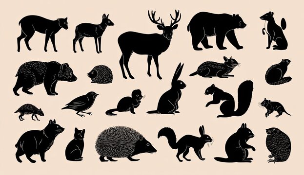 Silhouettes of Various Wild Forest Animals in Black.