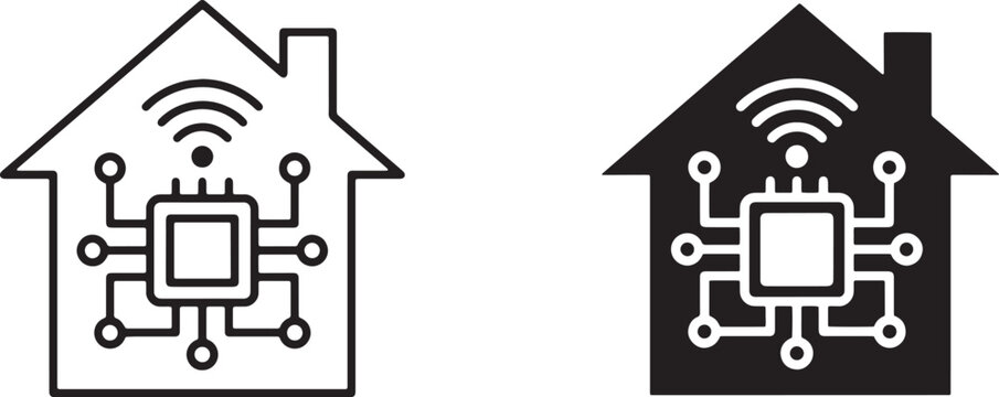 Art & Illustration, Smart home security system outline and solid icons with microchip monitoring.