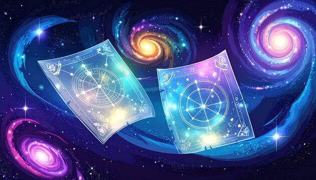 Floating crystal maps with cosmic galaxy backgrounds and glowing constellations
