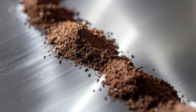 Macro view of freshly ground dark roast coffee powder granules on a brushed stainless steel metal surface of a grinder chute with shallow depth of field and soft lighting.