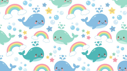 Fototapeta premium Cute Kawaii Whale Seamless Pattern with Rainbows and Stars, Vector Illustration