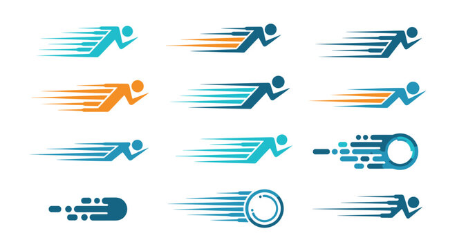 Collection of stylized abstract running figure icons representing speed, motion, and athletic performance in various color gradients.