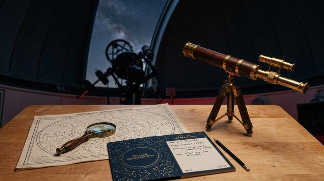 Vintage brass telescope on wooden tripod, celestial star map, magnifying glass, and stellar observation notebook on a light wood desk inside an observatory dome at night.