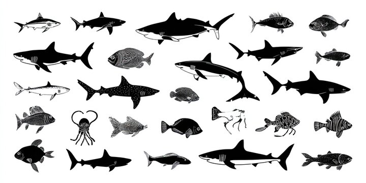 Variety of Black Silhouette Marine Fish and Sea Creatures.