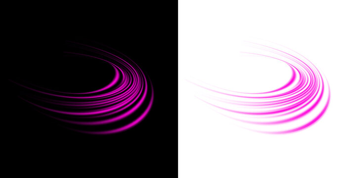 Magenta curved light trails and solid abstract shape on a white background isolated on a transparent background