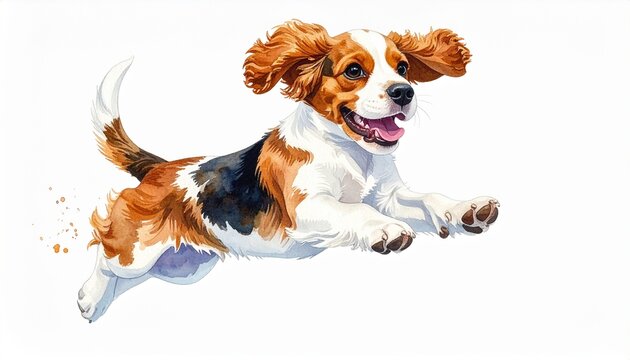 Watercolor painting of a cavalier king charles spaniel dog running with joyful expression white background excitement