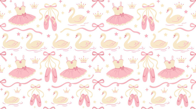 Cute Hand-drawn Vector Illustration: Children's Ballet Seamless Pattern with Ballerinas, Swans, and Crowns