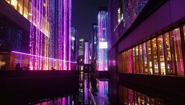 Neon-lit urban street with illuminated skyscrapers and vibrant city lights at night