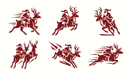Santa Claus riding reindeer silhouette icons for dynamic holiday branding and winter graphics © 777SKYLABS