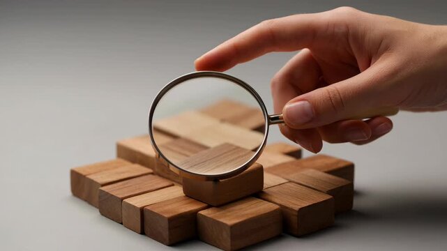 Hand holding magnifying glass over wooden puzzle pieces, searching for solution, problem-solving, detail, analysis, strategy