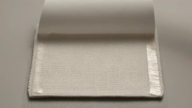 Close-up of tweezers carefully peeling a white protective film off a small square fabric swatch
