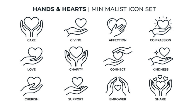 Set of minimalist line icons featuring human hands holding hearts representing concepts of charity care kindness love affection support giving empowerment connection and sharing in a clean professiona