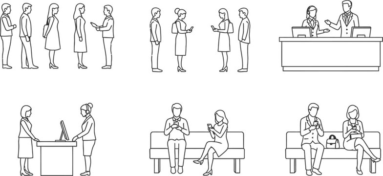 Line of people, business meeting, desk interaction, and waiting room scenes in outline style queue