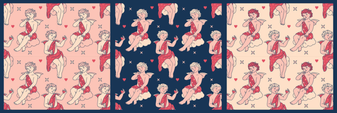 A vintage collection of devil Cupid seamless pattern designs for Valentine's Day. Features fun retro aesthetic romantic backgrounds in a flirty pastel tone palette.