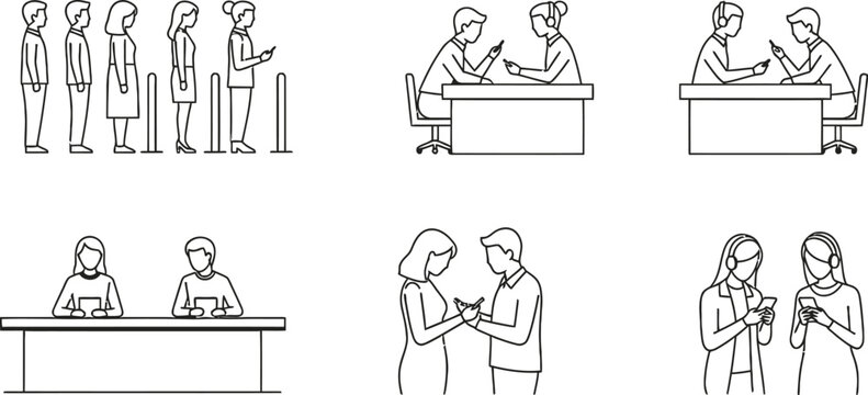Line of people waiting, people at desks, and couples with phones, line queue
