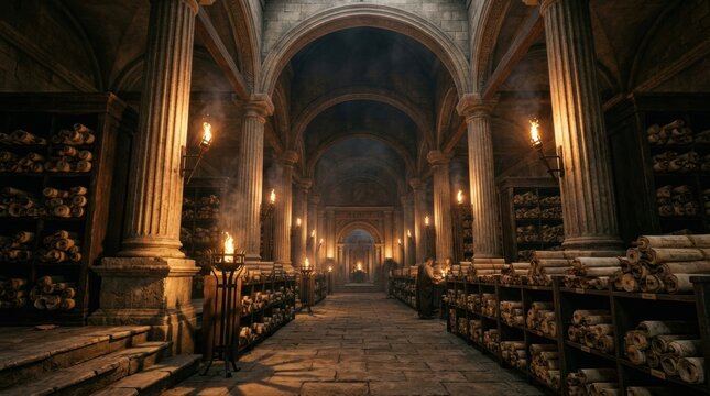 The library hall shows shelves stacked with scrolls, lit by torches, creating a historic atmosphere in the evening time.