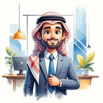 A vibrant watercolor illustration of a smiling Arab businessman wearing a traditional shemagh and a professional blue suit, set against a bright office background with a desk and plants.