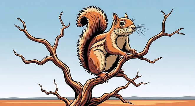 Squirrel sitting on a bare tree branch