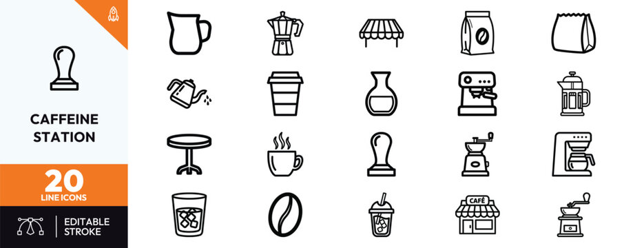 Caffeine Station Icon Set Line Art Coffee Cup Espresso Machine Grinder Beverage Symbols for UI Design Marketing Branding