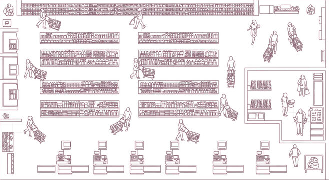 Overhead view line of a supermarket interior with shoppers and checkout counters grocery store line shoppers