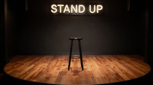 Stand-up stage with stool on empty performance space