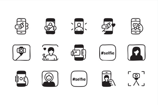 Selfie social media icons with smartphone camera hashtag heart chat and content creator symbols vector